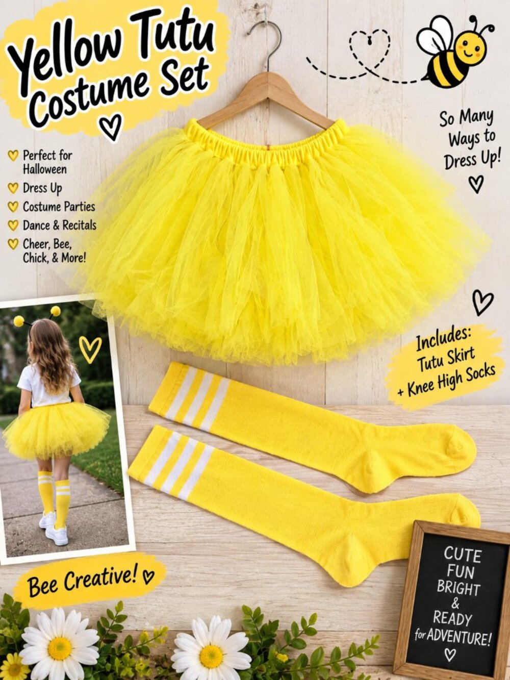 Girls Yellow Tutu Costume Set Knee High Striped Socks Halloween Dress Up